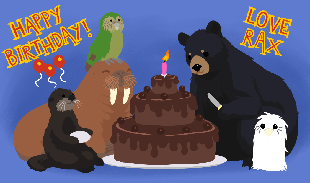 Image of some friendly animals surrounding a big birthday cake