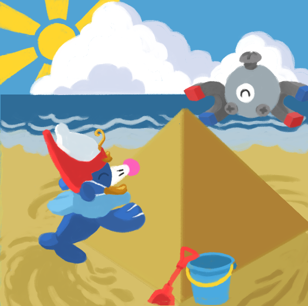 Image of a beach scene with a popplio and a magnemite building a sandcastle