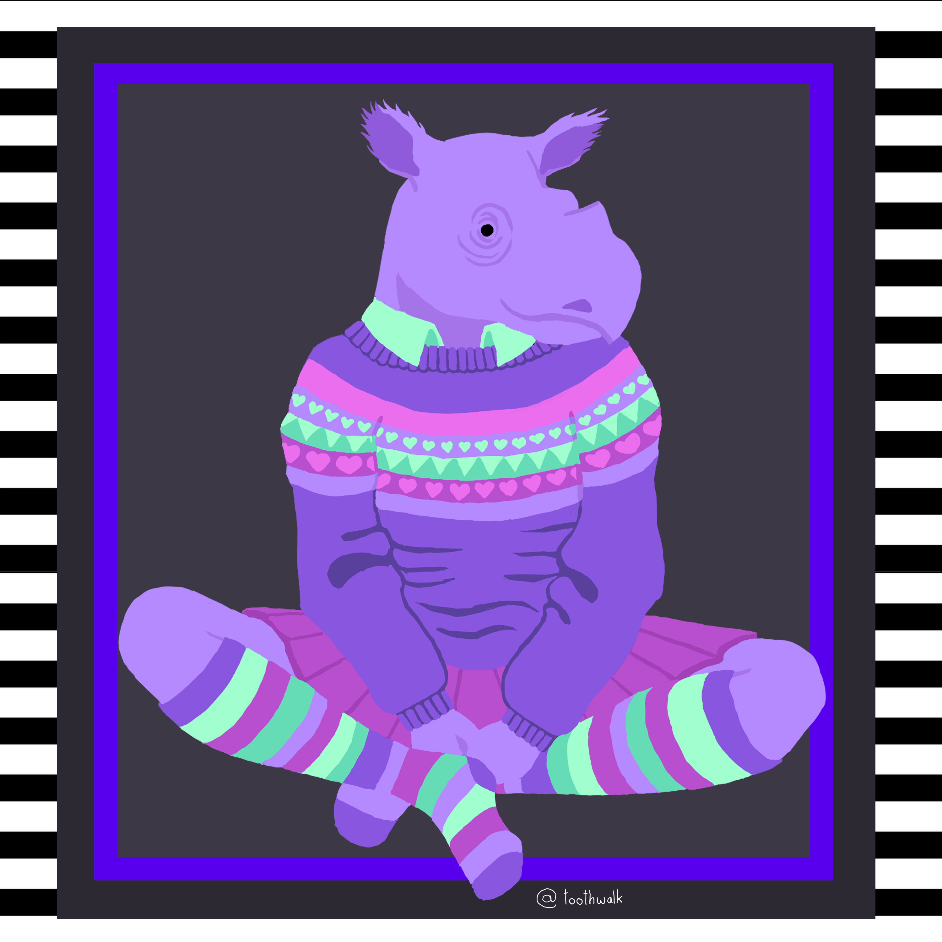 Full body image of an anthropomorphic purple rhino girl